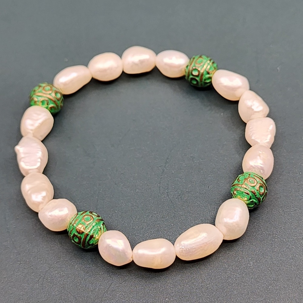 Faux Pearl-Like Green Enamel Bead Stretch Bracelet Artisan Statement Jewelry